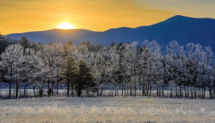Sunrise on a frosty landscape at Cades Cove in Great Smoky Mountains National Park