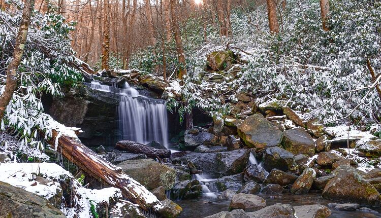 Snow at Rainbow Falls in Great Smoky Mountains National Park