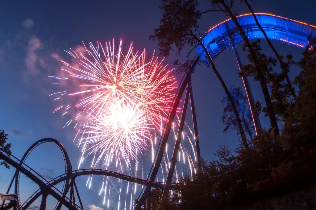 Firworks over Wild Eagle Drop Ride at Dollywood