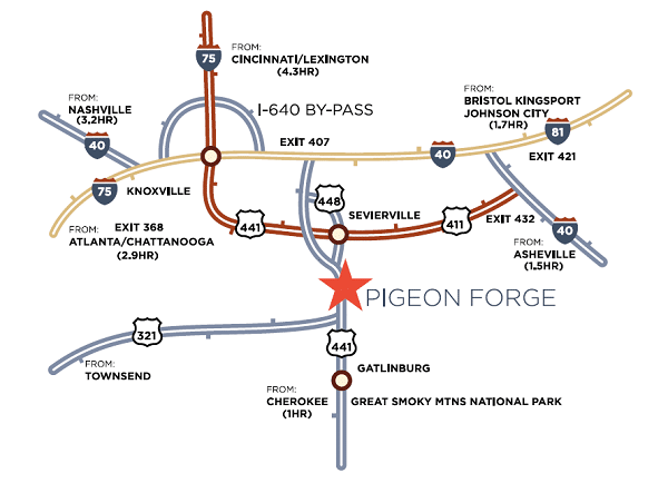 Pigeon Forge Highways and Interstates Map - Getting to Pigeon Forge