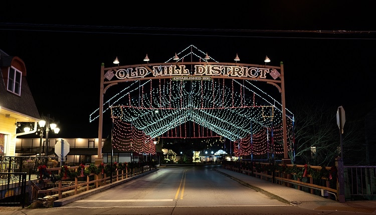 Old Mill Square Bridge Winterfest Holiday Lights in Pigeon Forge
