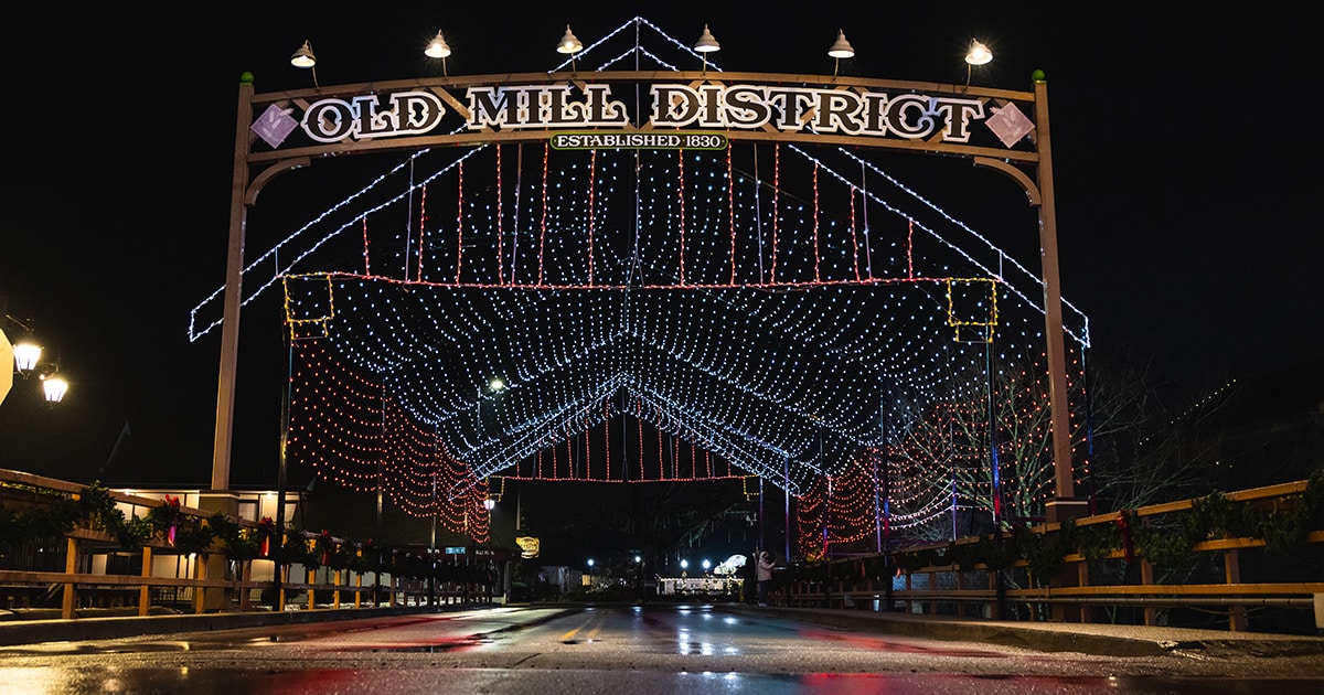 Winterfest Lights on bridge in Old Mill District