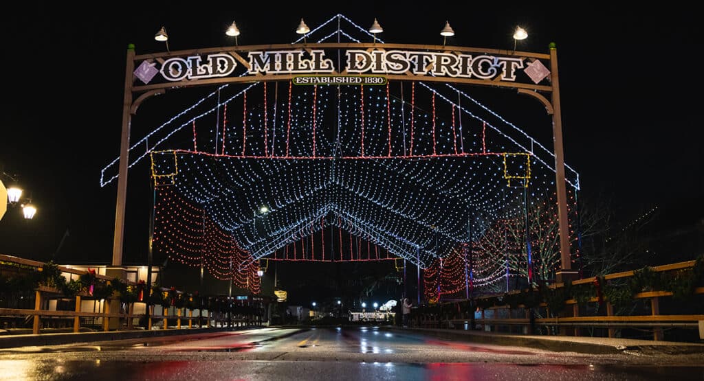 Old Mill Square Bridge Winterfest Holiday Lights in Pigeon Forge