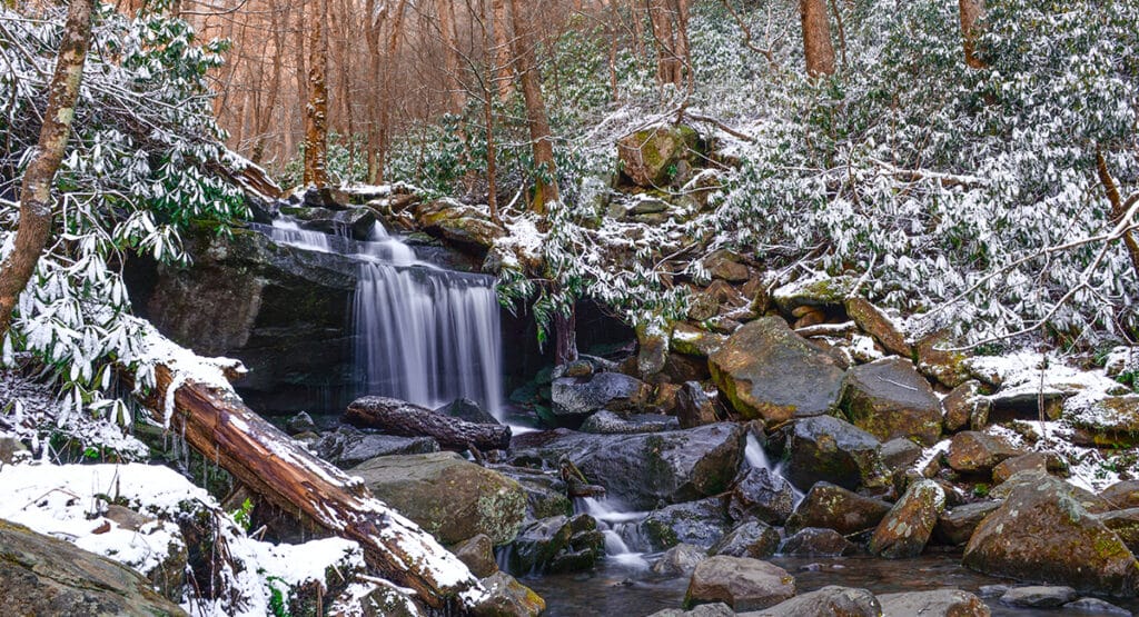 Snow at Rainbow Falls in Great Smoky Mountains National Park