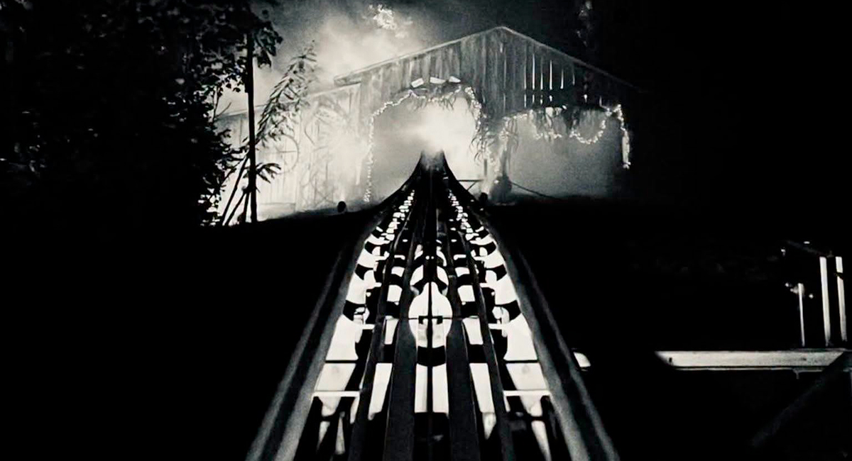 rocky top mountain coaster at night during halloween