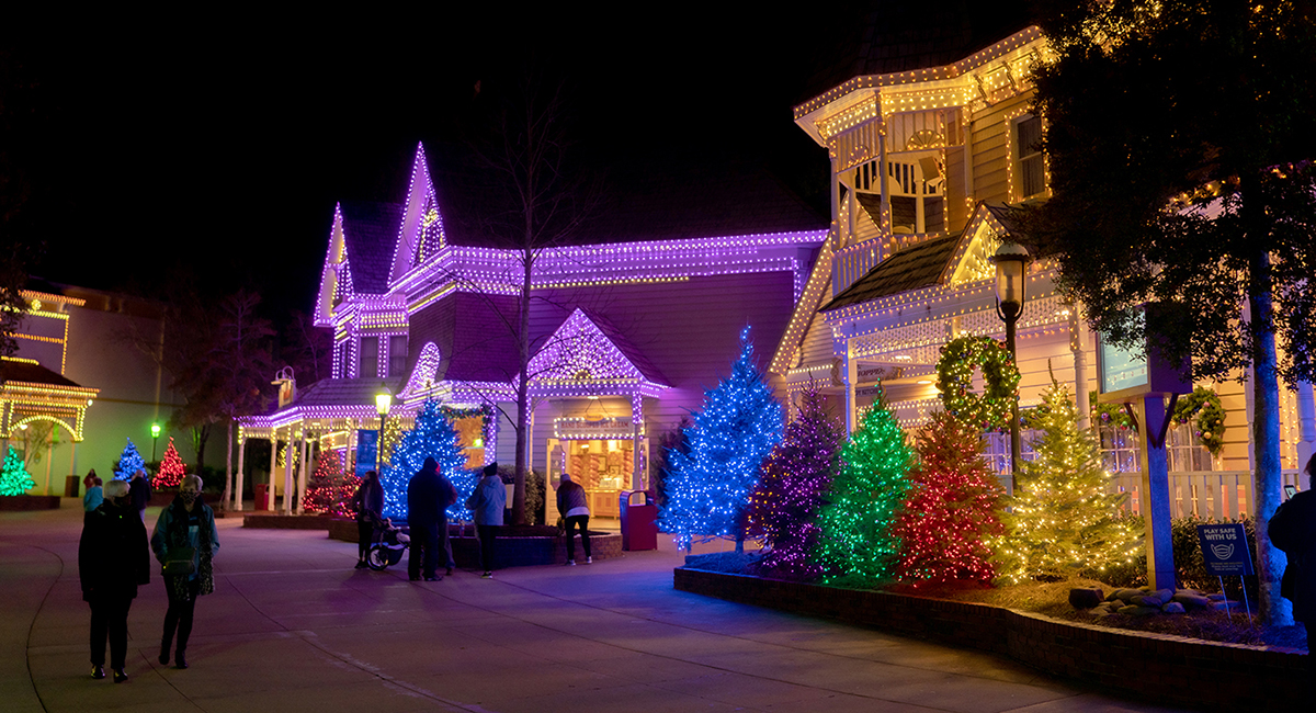 Christmas lights during Dollywood's Smoky Mountain Christmas